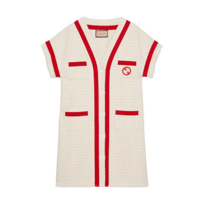 (Women) GUCCI Beige Tweed Short-Sleeve Dress with Logo Patch. 756476-ZAOB3-9791