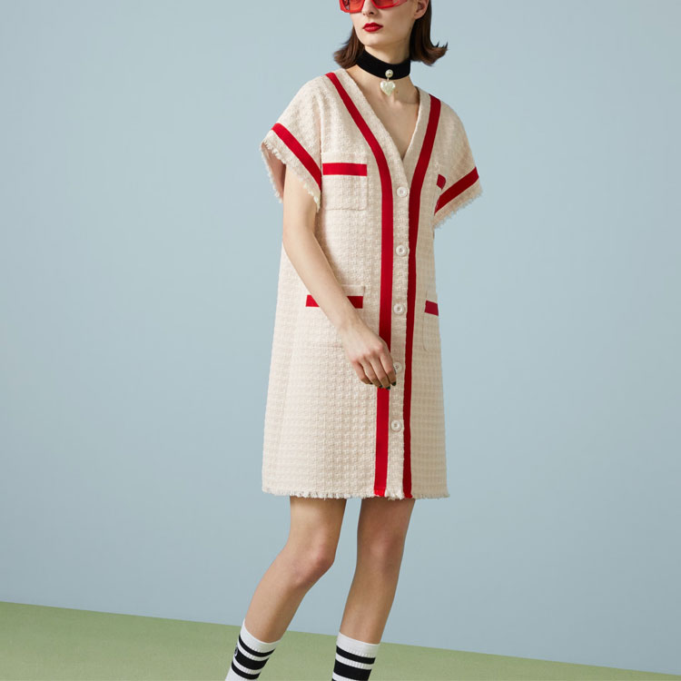 (Women) GUCCI  Beige Tweed Short-Sleeve Dress with Logo Patch. 756476-ZAOB3-9791 圖 4