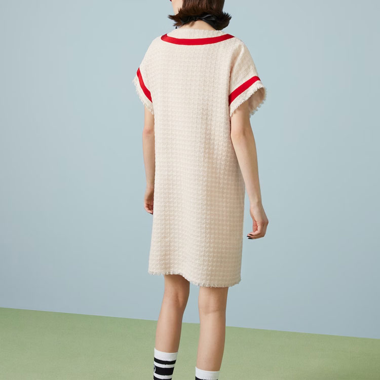 (Women) GUCCI  Beige Tweed Short-Sleeve Dress with Logo Patch. 756476-ZAOB3-9791 圖 5