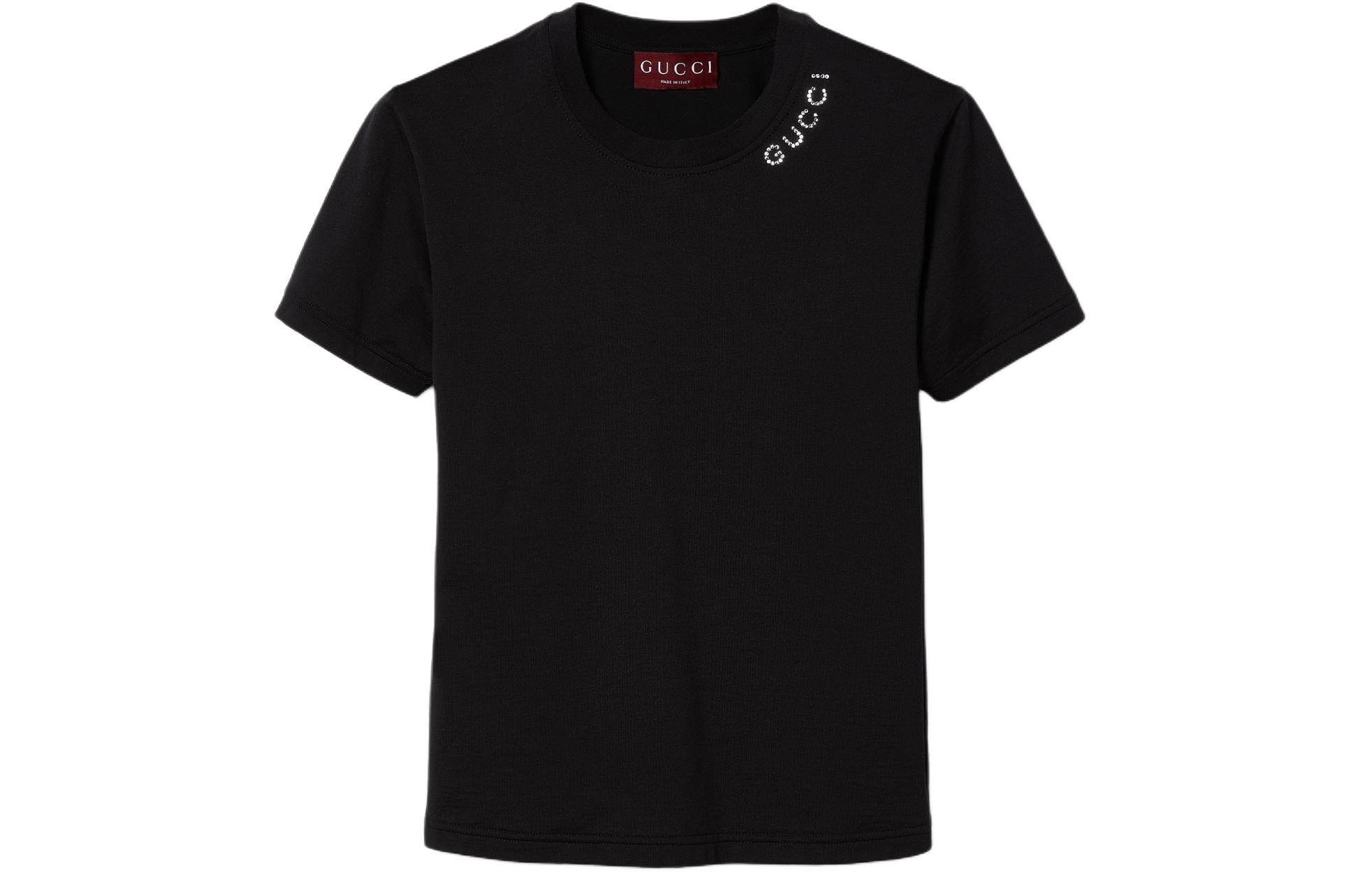 Buy (Women) GUCCI  Black Crystal Logo Embellished Crew Neck T-Shirt SS24 787299-XJGME-1043