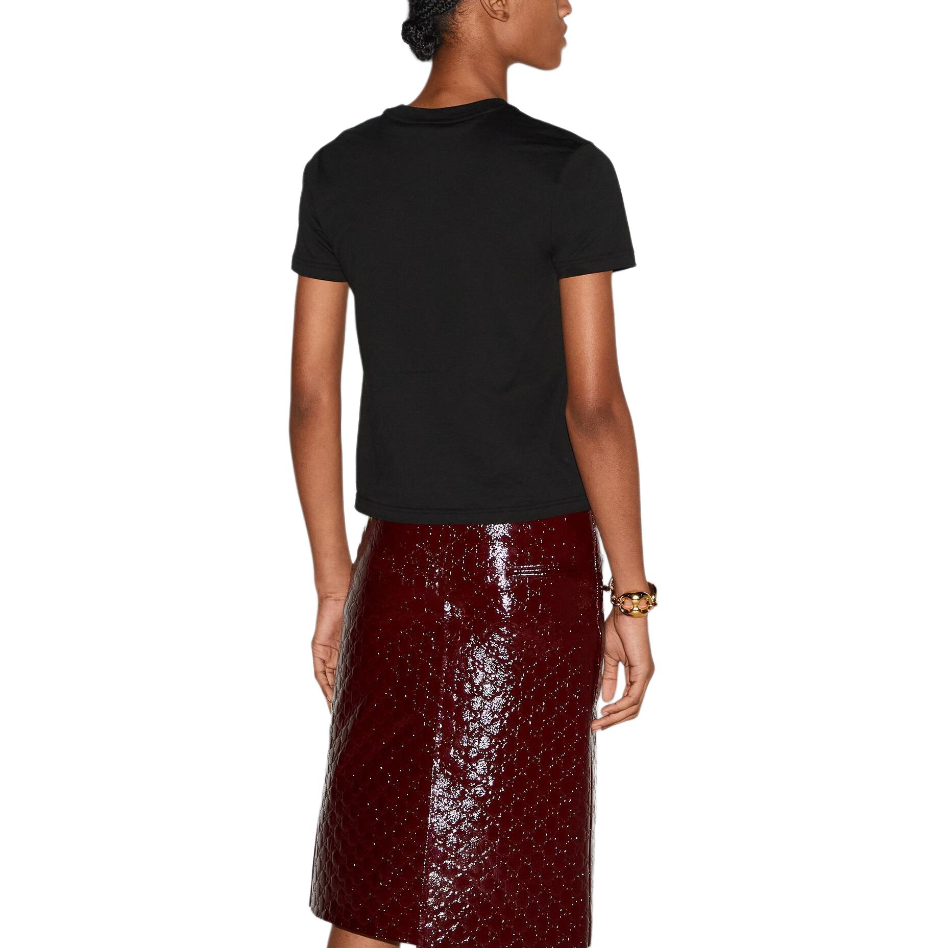 Shop (Women) GUCCI  Black Crystal Logo Embellished Crew Neck T-Shirt SS24 787299-XJGME-1043