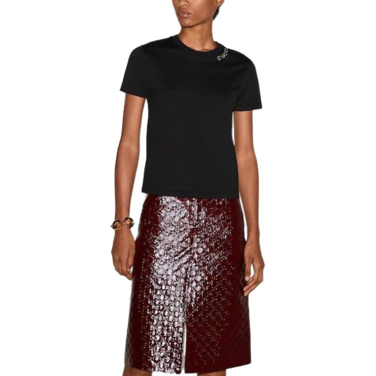 Purchase (Women) GUCCI  Black Crystal Logo Embellished Crew Neck T-Shirt SS24 787299-XJGME-1043