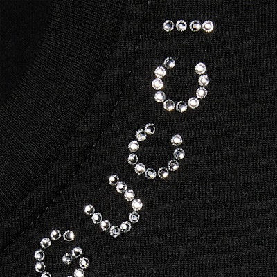 (Women) GUCCI Black Crystal Logo Embellished Crew Neck T-Shirt SS24 787299-XJGME-1043 Details for (Women) GUCCI Black Crystal Logo Embellished Crew Neck T-Shirt SS24 787299-XJGME-1043