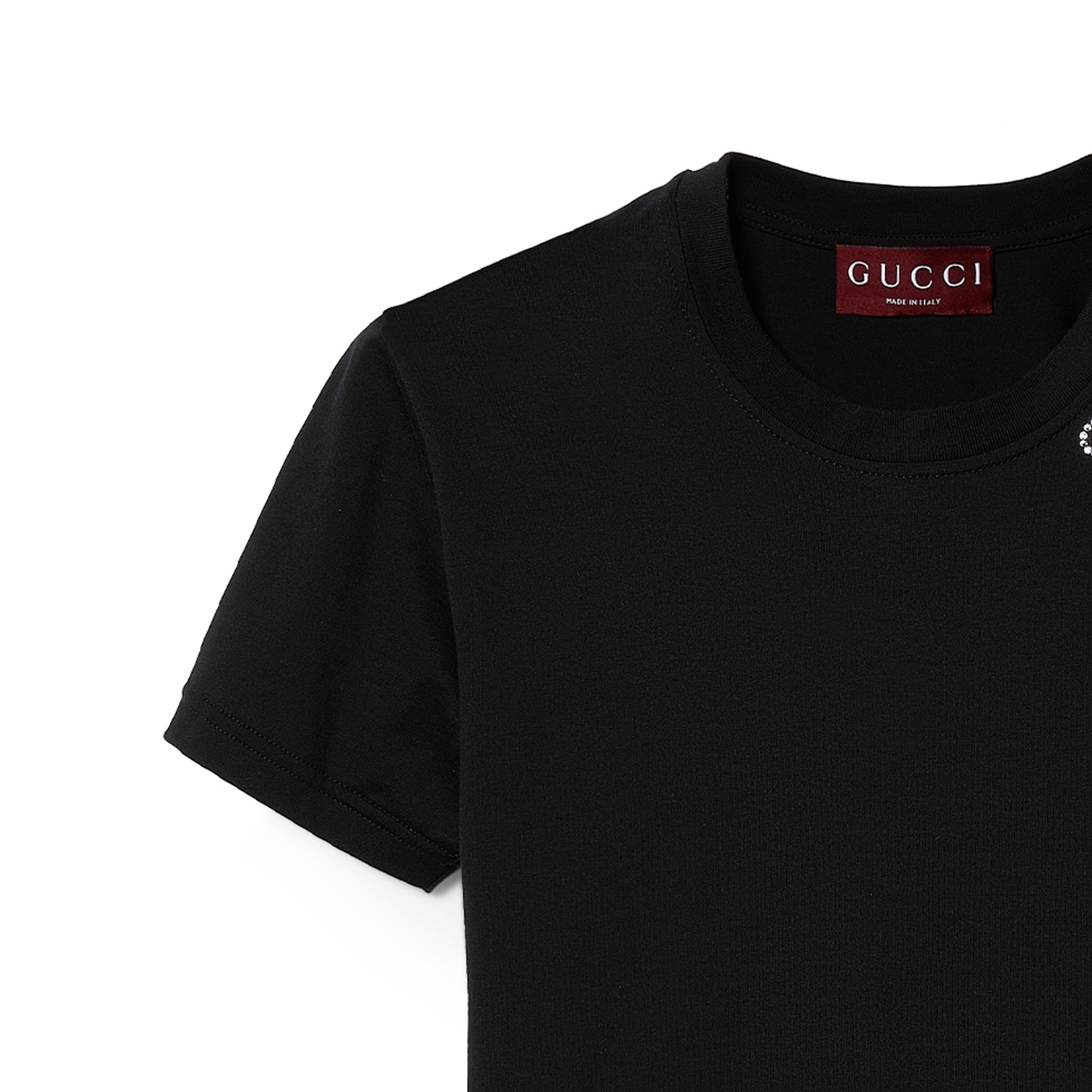 Cheap (Women) GUCCI  Black Crystal Logo Embellished Crew Neck T-Shirt SS24 787299-XJGME-1043