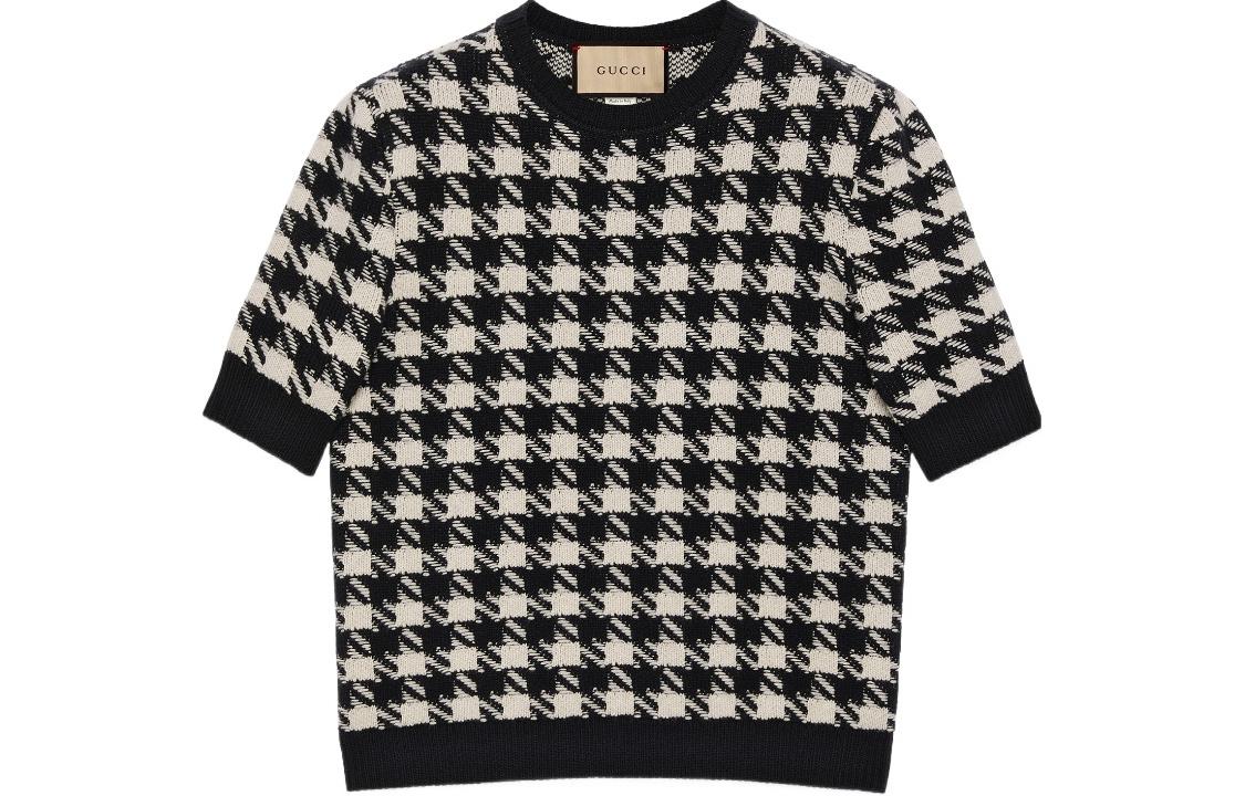 Order (W) GUCCI Top de Punto de Lana Negra con Estampado Pied de Poule y Manga Corta. 595697-XKDUY-1289