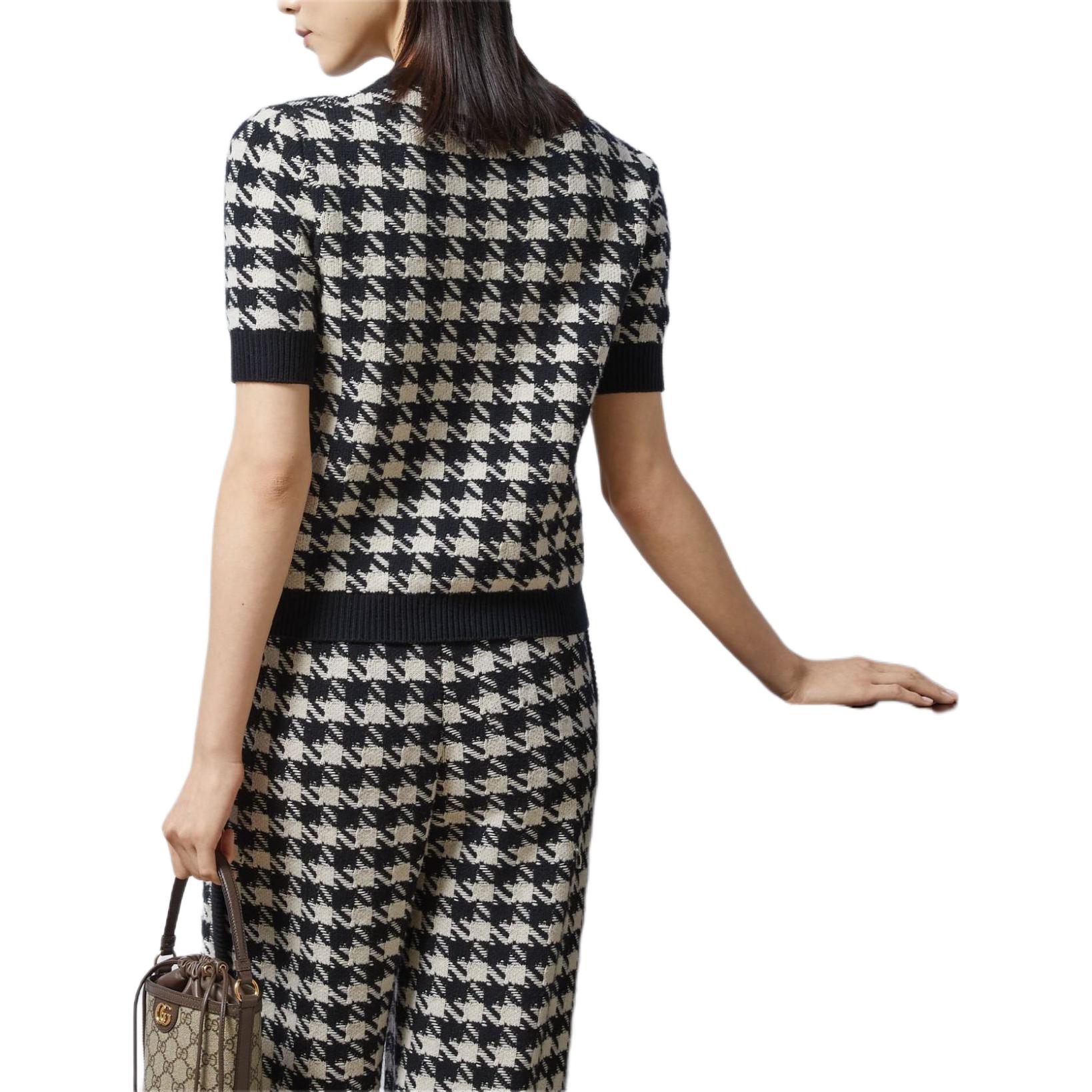 Shop (W) GUCCI Top de Punto de Lana Negra con Estampado Pied de Poule y Manga Corta. 595697-XKDUY-1289