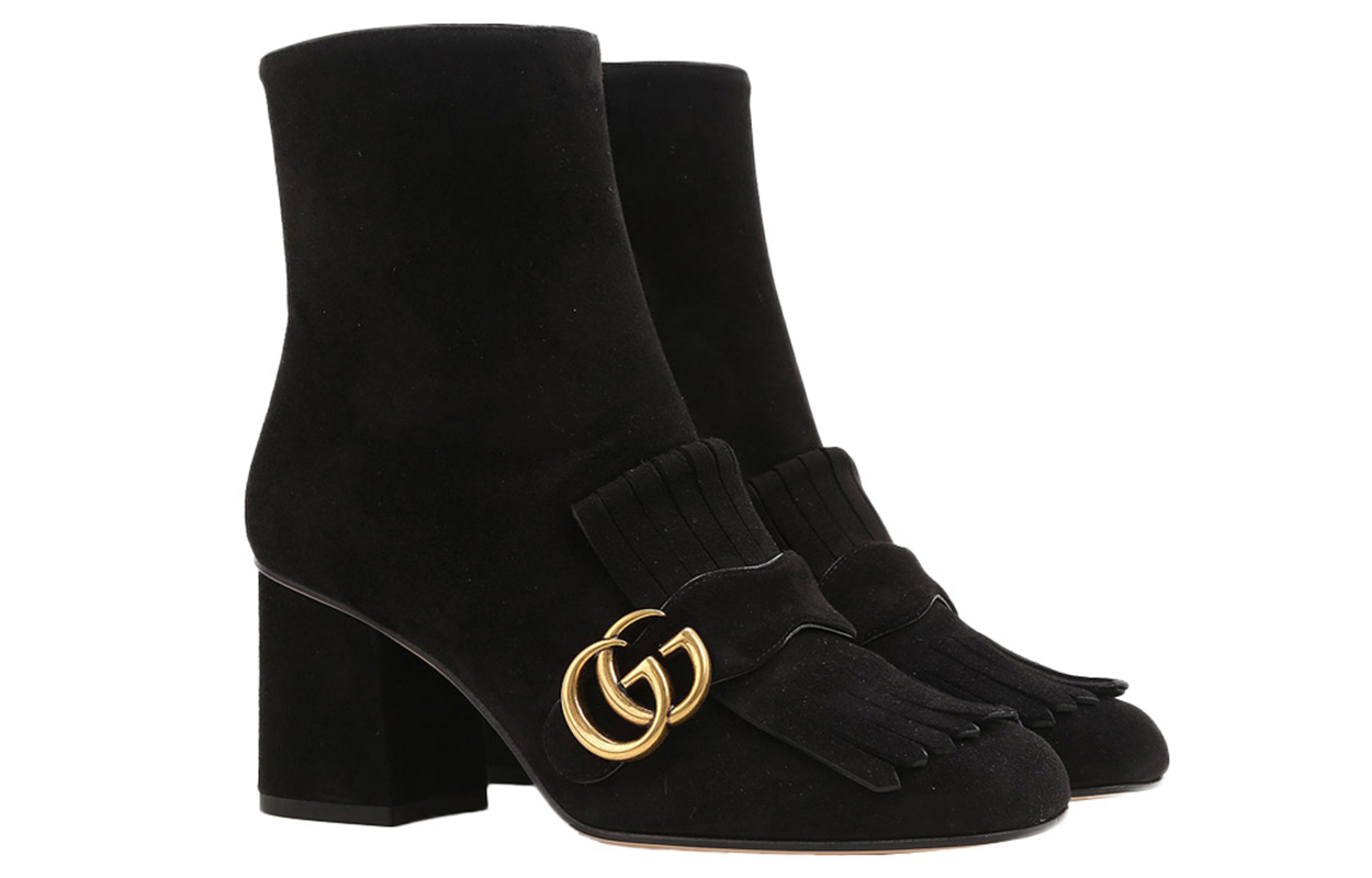 Lookbook GUCCI 古馳 增高保暖尖頭休閒短靴 7.5cm 女款 黑色