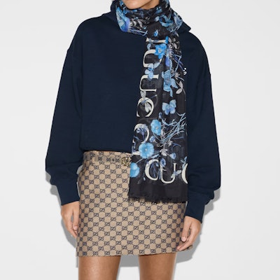 (Women) GUCCI Blue Printed Cotton Cashmere Scarf 7906583GALD1068 Shop (Women) GUCCI Blue Printed Cotton Cashmere Scarf 7906583GALD1068