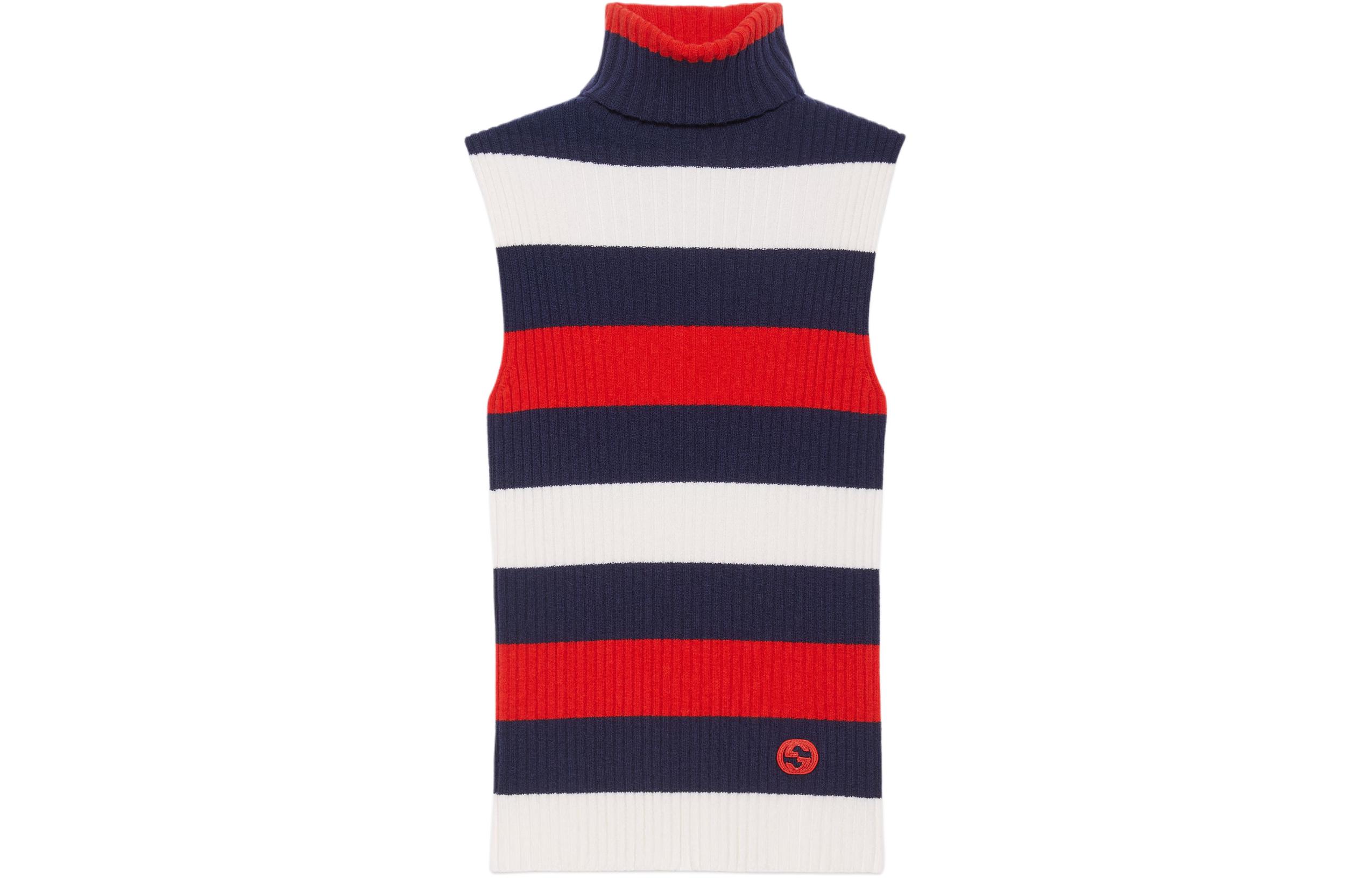 (Women) GUCCI  Blue Sleeveless Knitted Top with Striped Logo Embroidery. 764670-XKDQF-9330