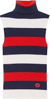 (Women) GUCCI Blue Sleeveless Knitted Top with Striped Logo Embroidery. 764670-XKDQF-9330 (Women) GUCCI Blue Sleeveless Knitted Top with Striped Logo Embroidery. 764670-XKDQF-9330