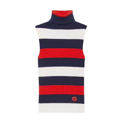 (Women) GUCCI Blue Sleeveless Knitted Top with Striped Logo Embroidery. 764670-XKDQF-9330