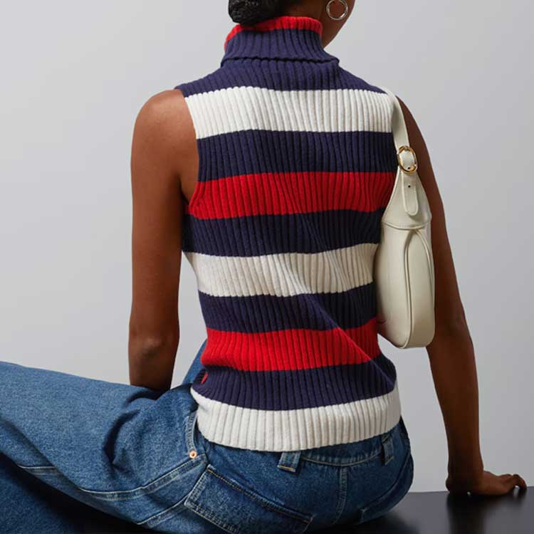 Shop (W) GUCCI 藍色無袖針織上衣搭配條紋Logo刺繡 764670-XKDQF-9330