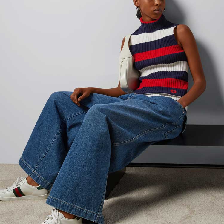 Purchase (W) GUCCI 藍色無袖針織上衣搭配條紋Logo刺繡 764670-XKDQF-9330