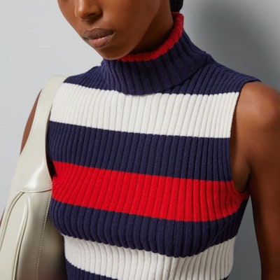 (W) GUCCI 藍色無袖針織上衣搭配條紋Logo刺繡 764670-XKDQF-9330 Sizing (W) GUCCI 藍色無袖針織上衣搭配條紋Logo刺繡 764670-XKDQF-9330