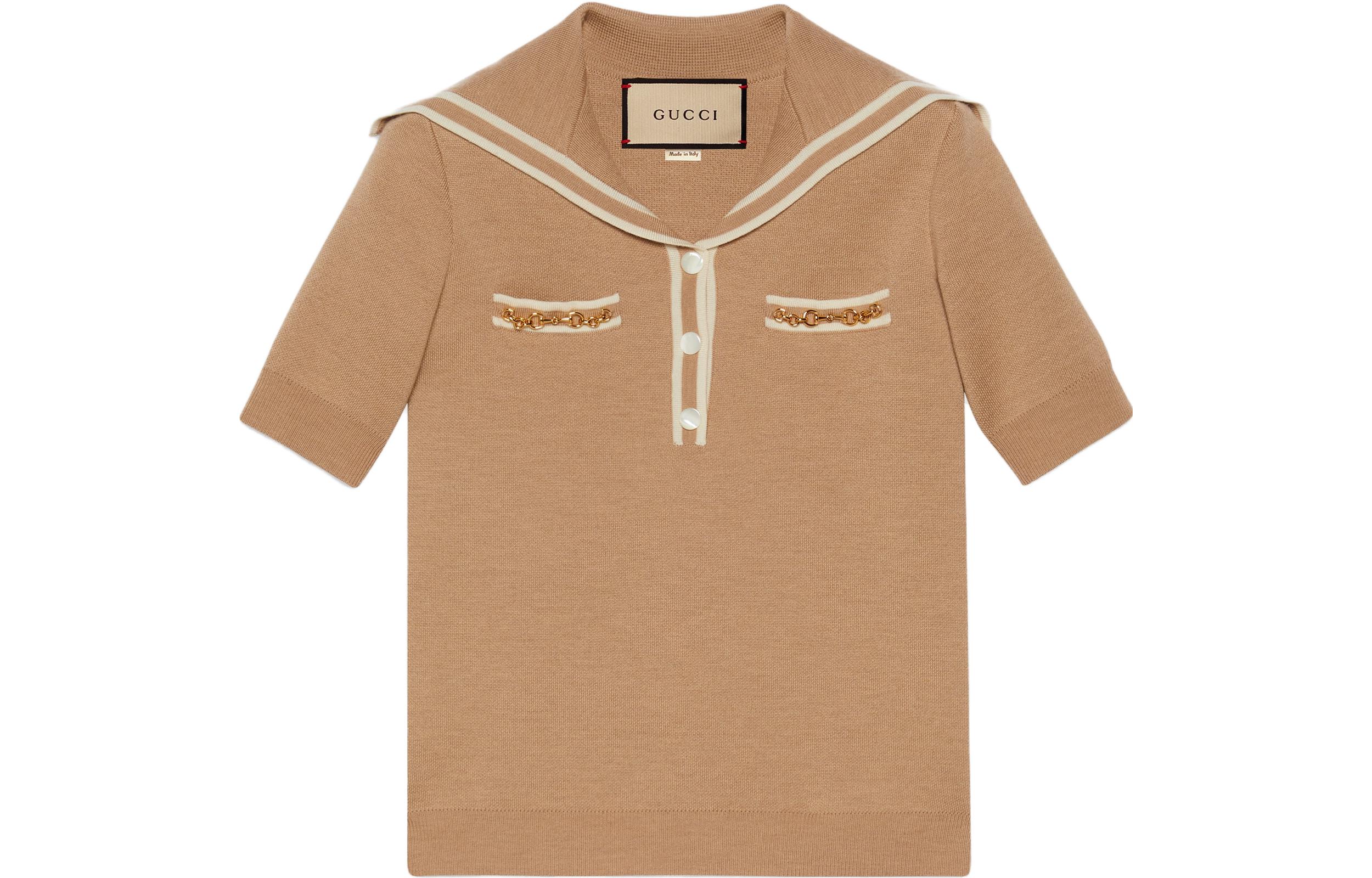 (Women) GUCCI  Brown Knit Short-Sleeve Polo Shirt with Striped Trim. 649844-XKBNZ-2445