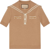 (Women) GUCCI Brown Knit Short-Sleeve Polo Shirt with Striped Trim. 649844-XKBNZ-2445 (Women) GUCCI Brown Knit Short-Sleeve Polo Shirt with Striped Trim. 649844-XKBNZ-2445