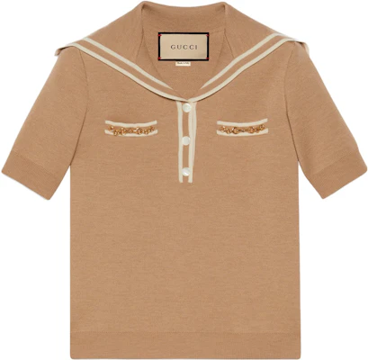 (W) GUCCI Kemeja Polo Lengan Pendek Rajut Coklat dengan Aksen Garis. 649844-XKBNZ-2445 Buy (W) GUCCI Kemeja Polo Lengan Pendek Rajut Coklat dengan Aksen Garis. 649844-XKBNZ-2445