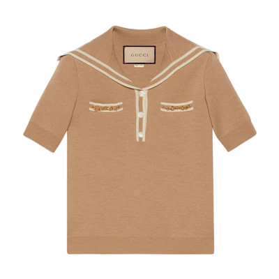 (Women) GUCCI Brown Knit Short-Sleeve Polo Shirt with Striped Trim. 649844-XKBNZ-2445