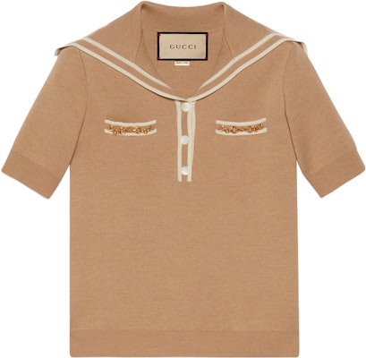 (W) GUCCI Kemeja Polo Lengan Pendek Rajut Coklat dengan Aksen Garis. 649844-XKBNZ-2445 Order (W) GUCCI Kemeja Polo Lengan Pendek Rajut Coklat dengan Aksen Garis. 649844-XKBNZ-2445