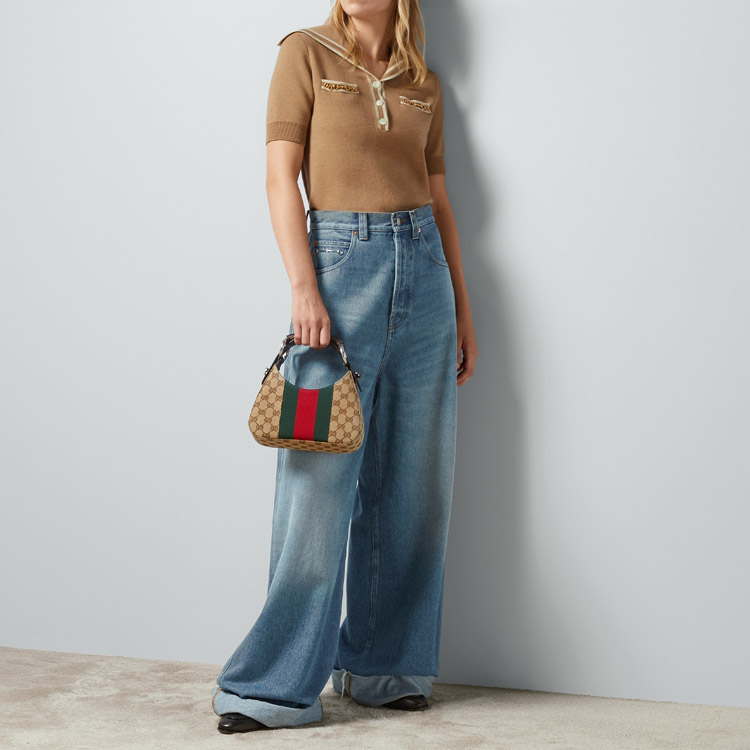 Purchase (W) GUCCI Kemeja Polo Lengan Pendek Rajut Coklat dengan Aksen Garis. 649844-XKBNZ-2445