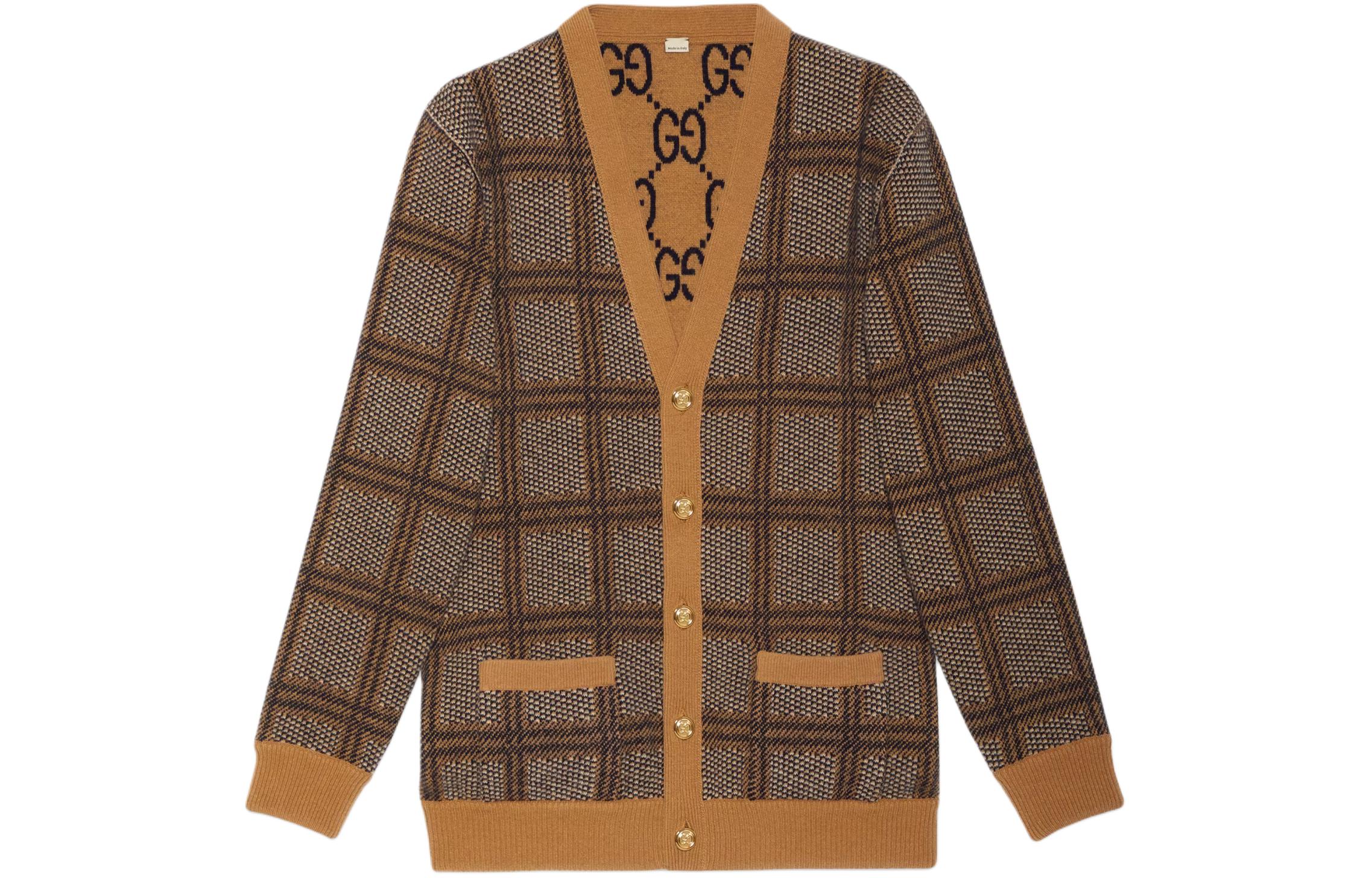 Buy (Women) GUCCI  Brown Logo Embroidered Checkered V-Neck Button Long Sleeve Sweater. 773903-XKDVD-2420