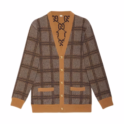 (Women) GUCCI Brown Logo Embroidered Checkered V-Neck Button Long Sleeve Sweater. 773903-XKDVD-2420