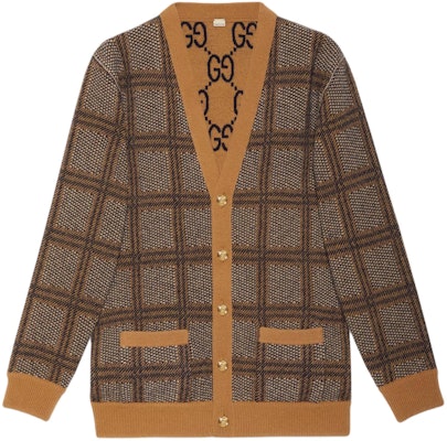 (Women) GUCCI Brown Logo Embroidered Checkered V-Neck Button Long Sleeve Sweater. 773903-XKDVD-2420 Order (Women) GUCCI Brown Logo Embroidered Checkered V-Neck Button Long Sleeve Sweater. 773903-XKDVD-2420