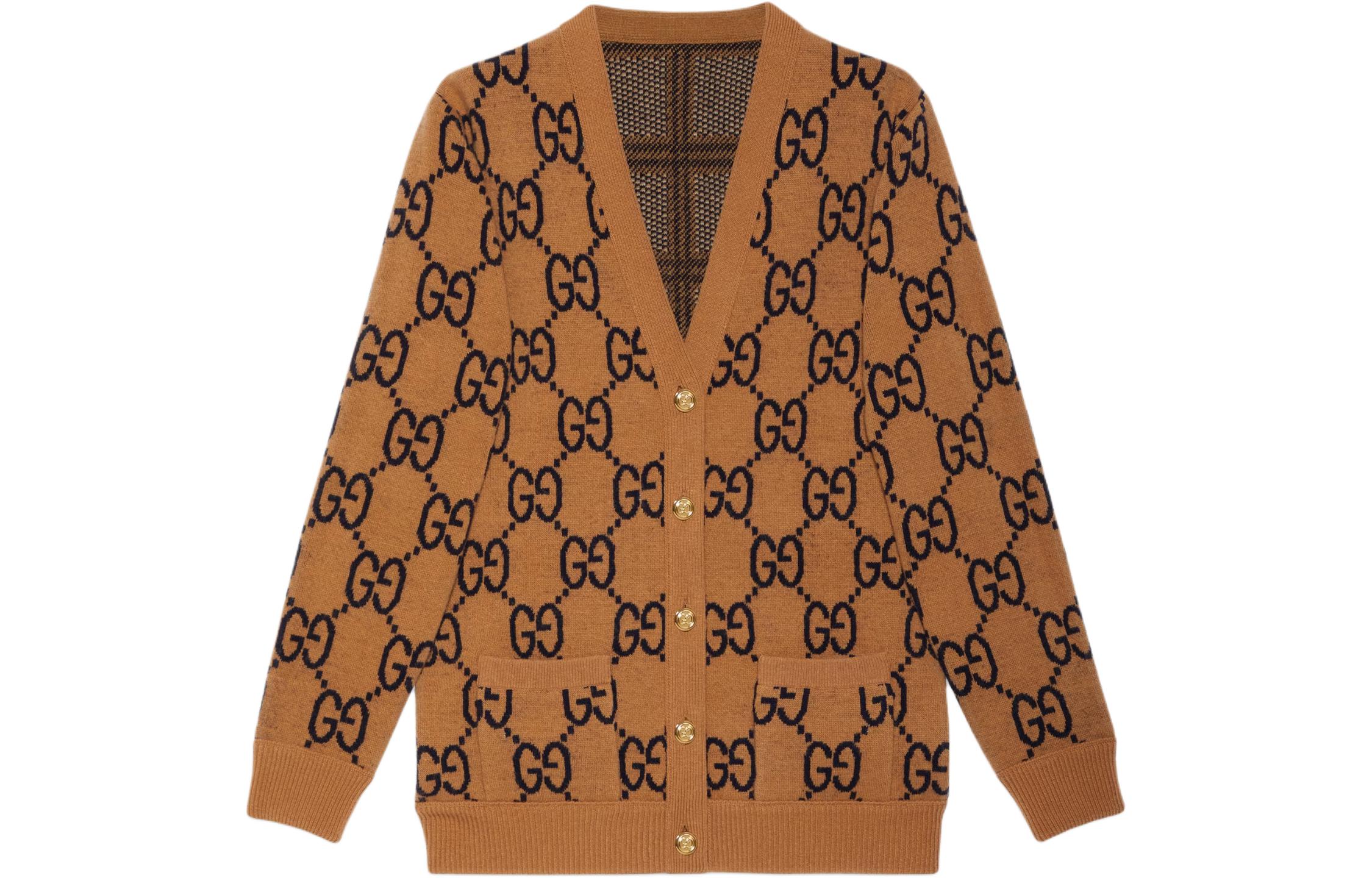 Lookbook (Women) GUCCI  Brown Logo Embroidered Checkered V-Neck Button Long Sleeve Sweater. 773903-XKDVD-2420