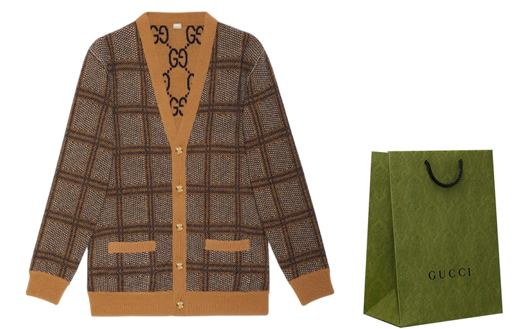 Shop (Women) GUCCI  Brown Logo Embroidered Checkered V-Neck Button Long Sleeve Sweater. 773903-XKDVD-2420