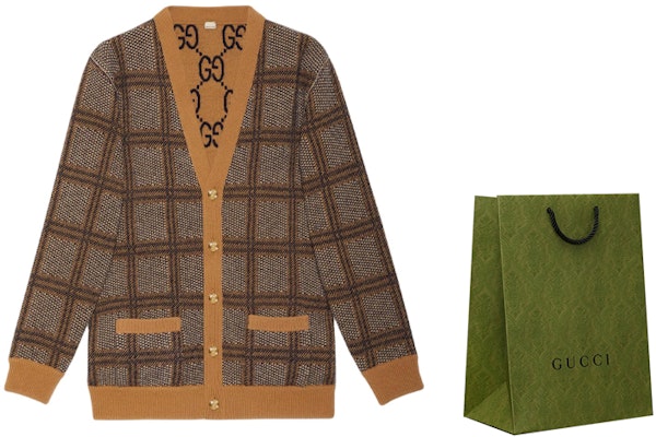 (Women) GUCCI Brown Logo Embroidered Checkered V-Neck Button Long Sleeve Sweater. 773903-XKDVD-2420 Shop (Women) GUCCI Brown Logo Embroidered Checkered V-Neck Button Long Sleeve Sweater. 773903-XKDVD-2420