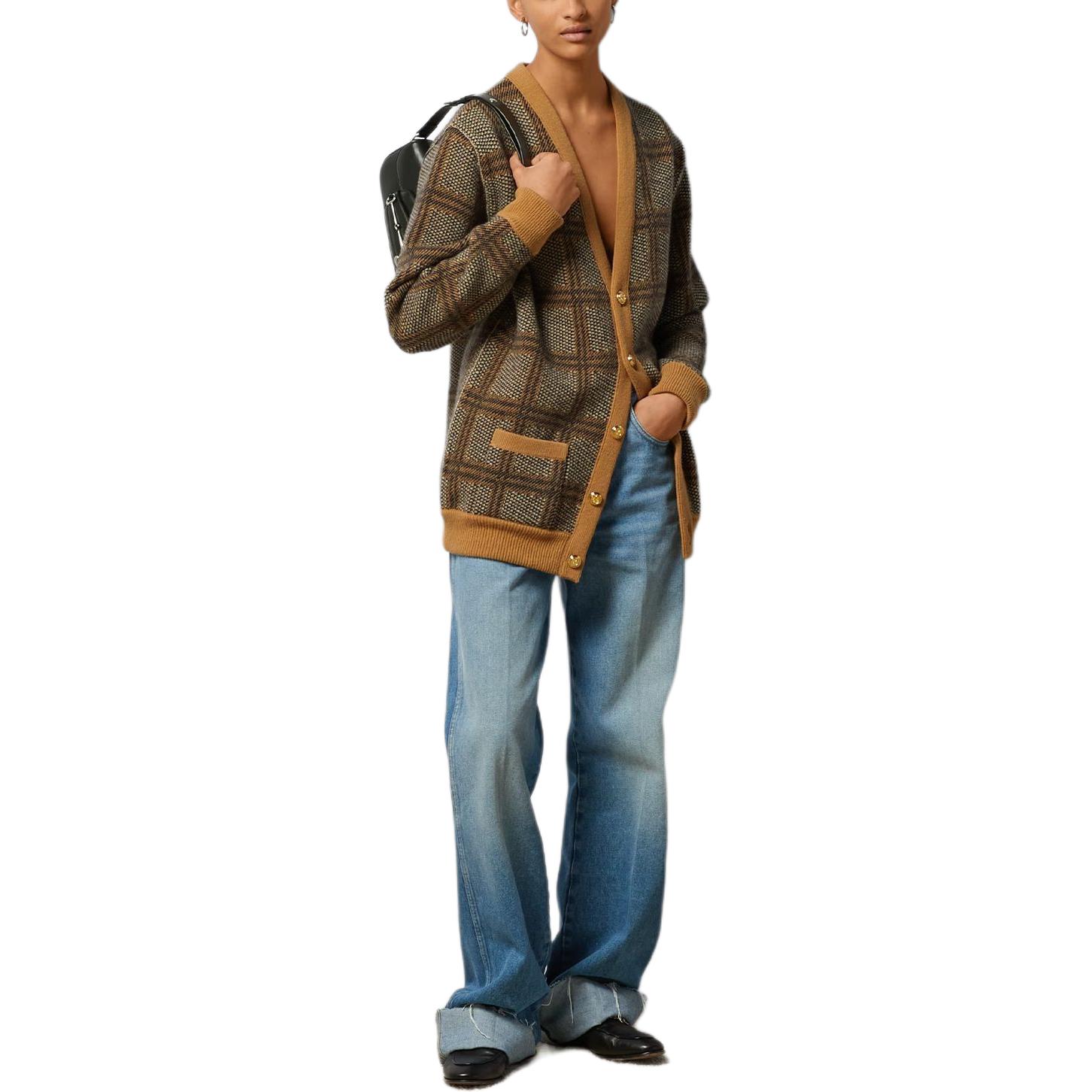 Purchase (Women) GUCCI  Brown Logo Embroidered Checkered V-Neck Button Long Sleeve Sweater. 773903-XKDVD-2420