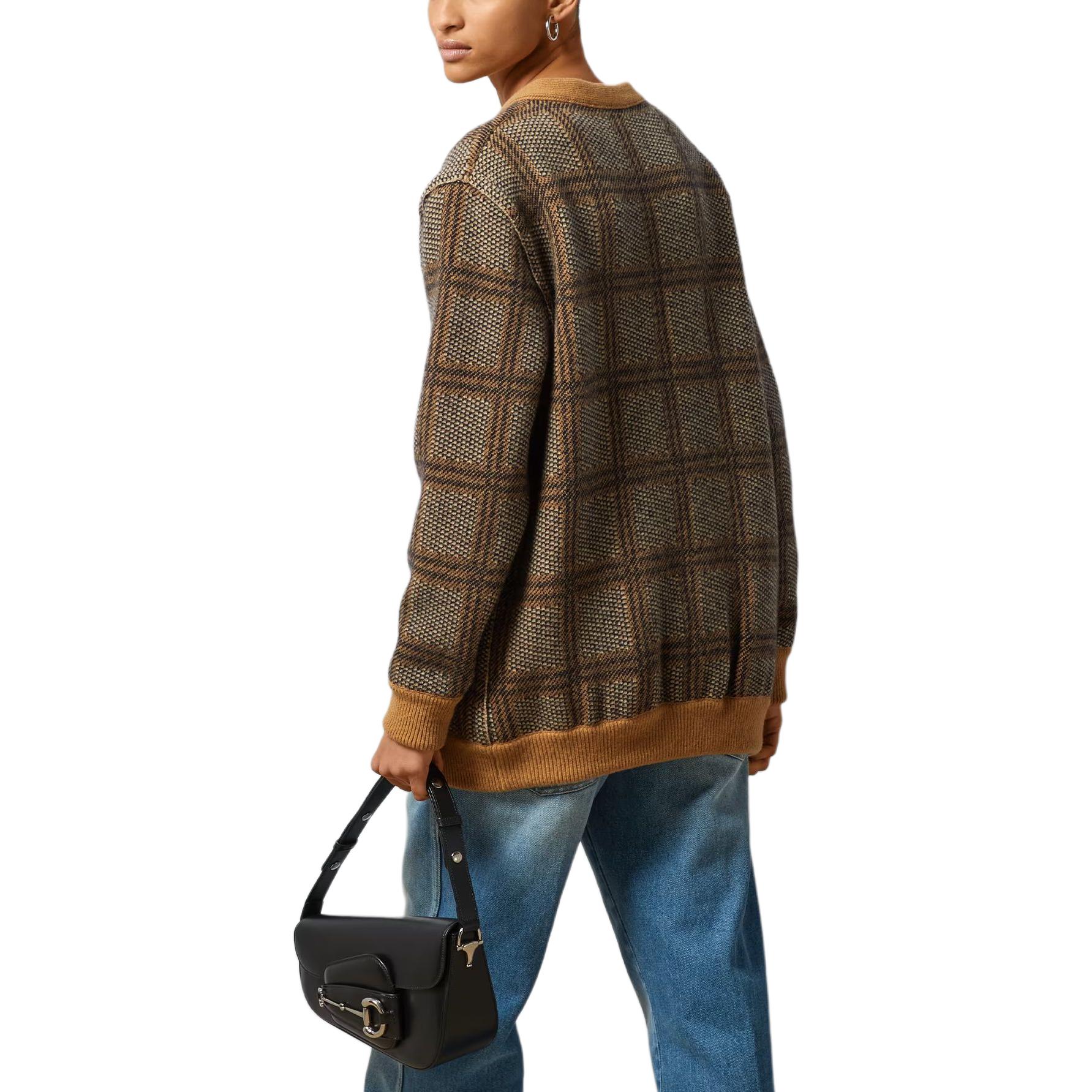 Details for (Women) GUCCI  Brown Logo Embroidered Checkered V-Neck Button Long Sleeve Sweater. 773903-XKDVD-2420