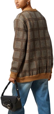 (Women) GUCCI Brown Logo Embroidered Checkered V-Neck Button Long Sleeve Sweater. 773903-XKDVD-2420 Details for (Women) GUCCI Brown Logo Embroidered Checkered V-Neck Button Long Sleeve Sweater. 773903-XKDVD-2420