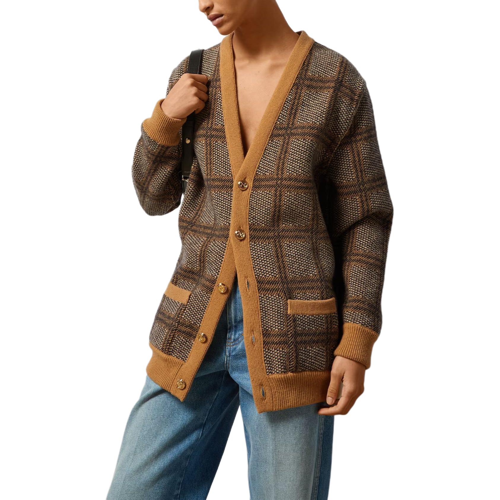 Sizing (Women) GUCCI  Brown Logo Embroidered Checkered V-Neck Button Long Sleeve Sweater. 773903-XKDVD-2420