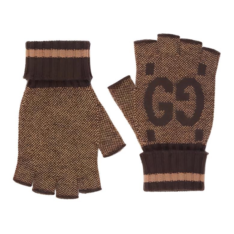 (Women) GUCCI  Brown Wool/Cashmere Knit Logo Warm Gloves 726586-3G344-9764