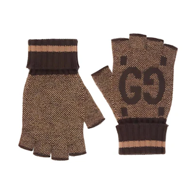 (Women) GUCCI Brown Wool/Cashmere Knit Logo Warm Gloves 726586-3G344-9764