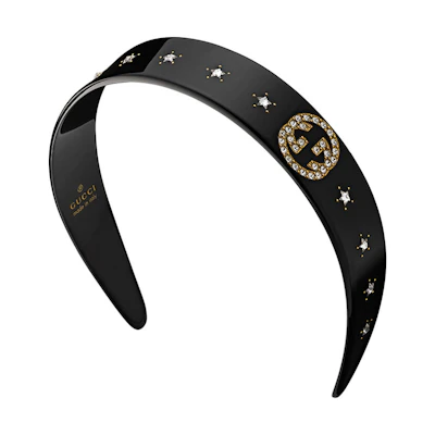 (Women) GUCCI Crystal Star Interlocking G Headband - Black. 628716I12GO8520