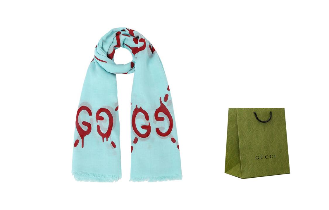 Shop (W) 구찌 더블 G 모달 실크 스카프 티알/레드. 449009-3G856-4874