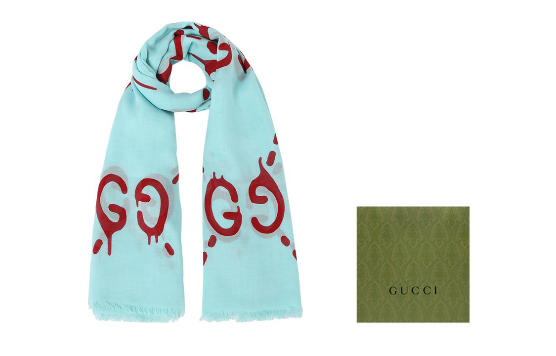 Details for (W) 구찌 더블 G 모달 실크 스카프 티알/레드. 449009-3G856-4874