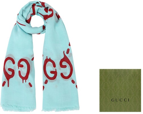 (W) 구찌 더블 G 모달 실크 스카프 티알/레드. 449009-3G856-4874 Details for (W) 구찌 더블 G 모달 실크 스카프 티알/레드. 449009-3G856-4874