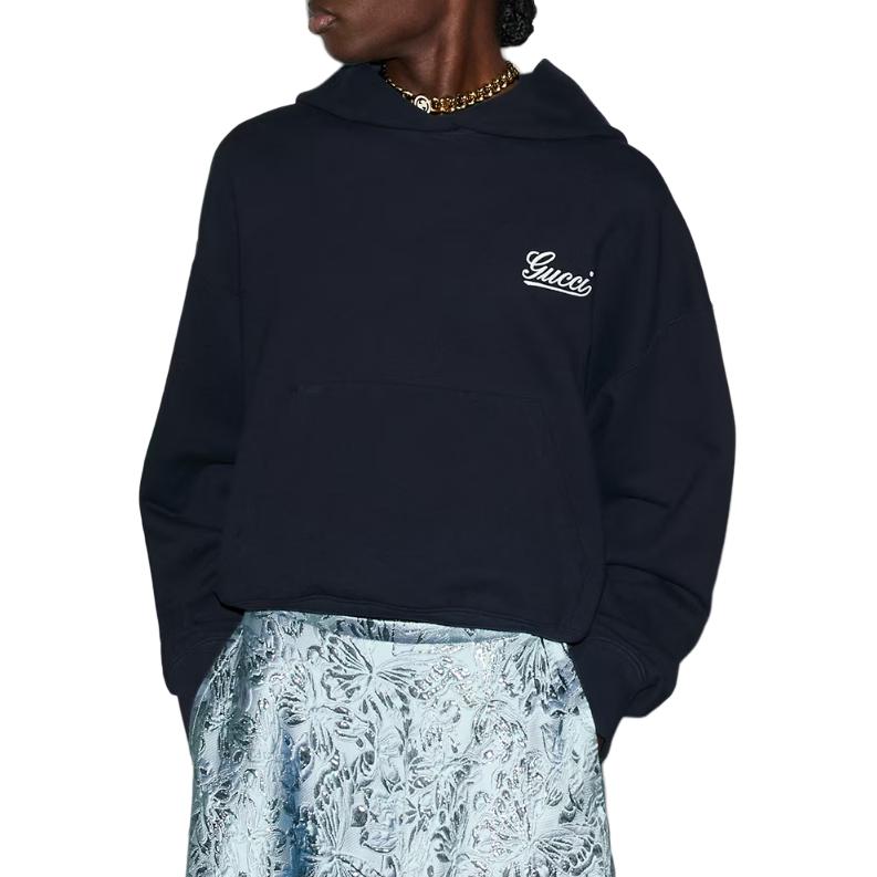 Purchase (Women) GUCCI  Embroidered Logo Navy Blue Hoodie Pullover Sweatshirt 787274-XJGSY-4215