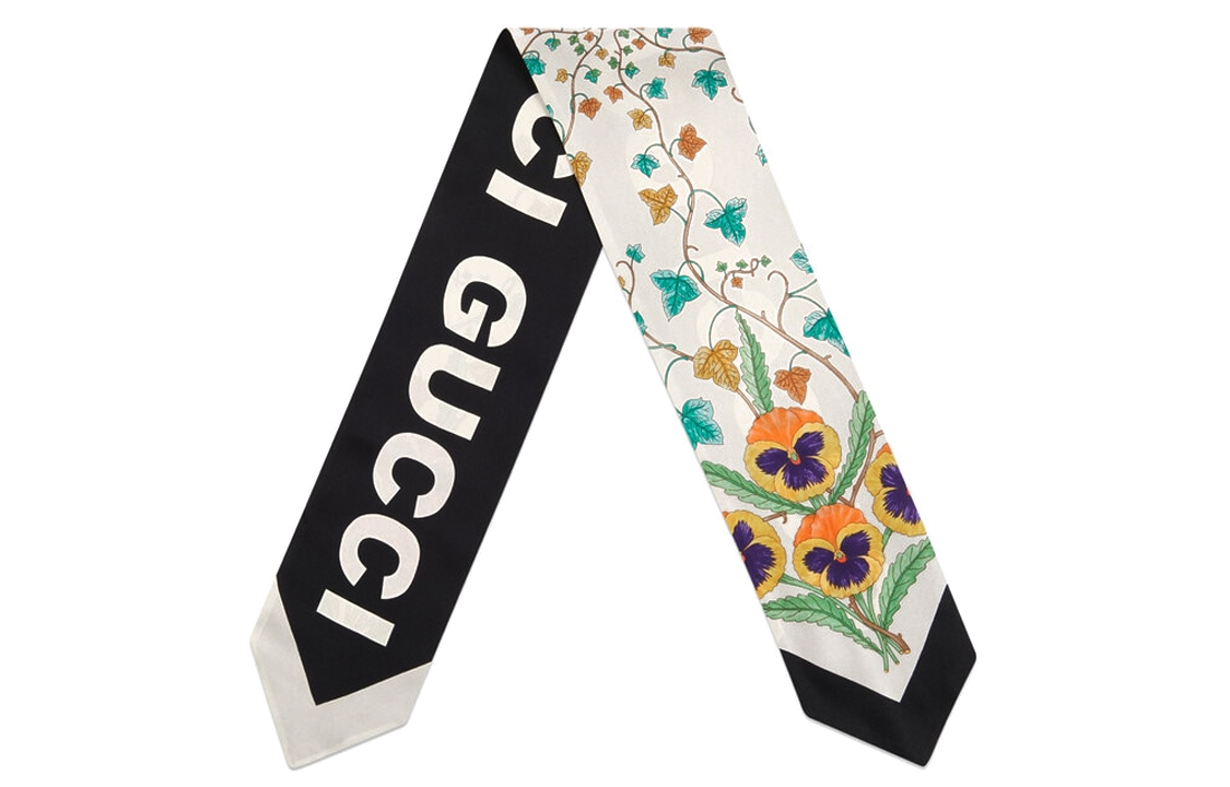 Lookbook (W) 구찌 플로랄 프린트 클래식 실크 스카프 베이지/블랙. 756912-3G001-9260