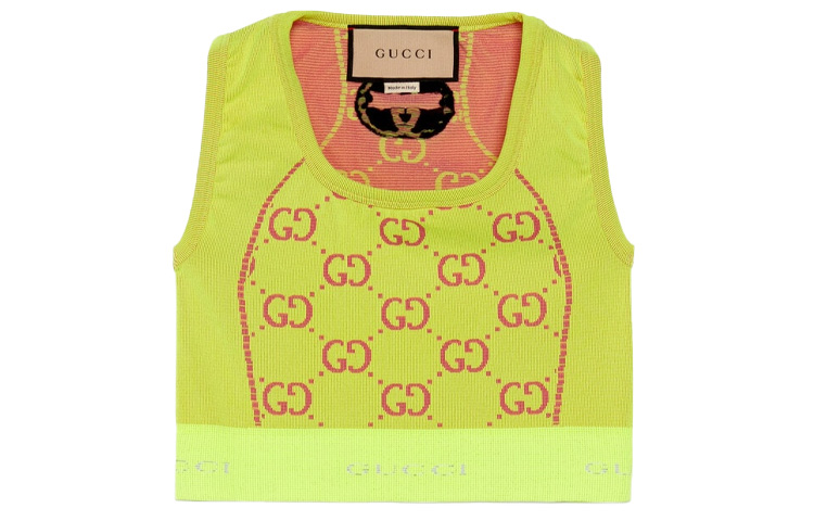 (Women) GUCCI  Fluorescent Yellow Jacquard Sleeveless Strap Top SS22. 693286-XJEFY-7388