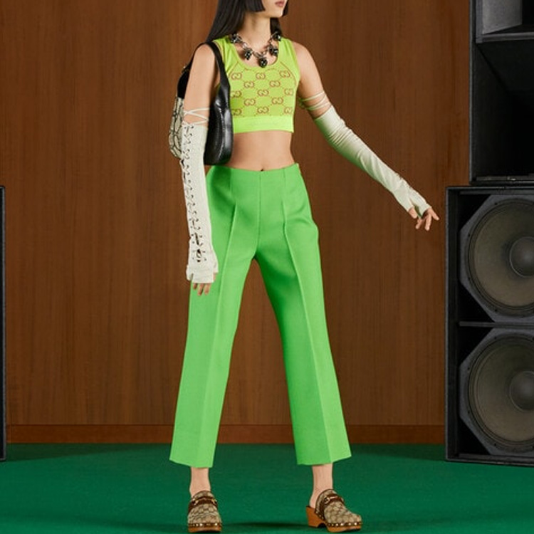 Lookbook (W) 구찌 형광 옐로우 자카드 민소매 스트랩 탑 SS22. 693286-XJEFY-7388