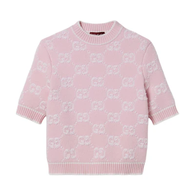 (Women) GUCCI GG Wool Jacquard Short-Sleeve Sweater Light Pink 770059-XKCNA-6011
