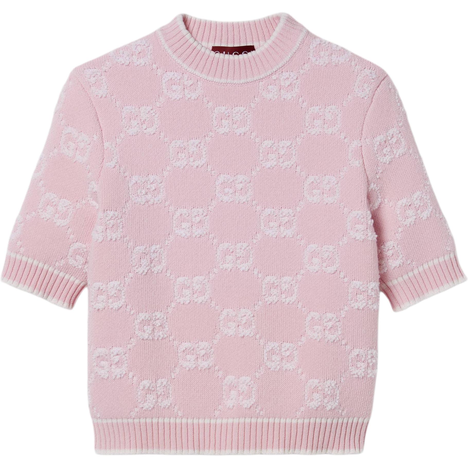 Order (Women) GUCCI  GG Wool Jacquard Short-Sleeve Sweater Light Pink 770059-XKCNA-6011