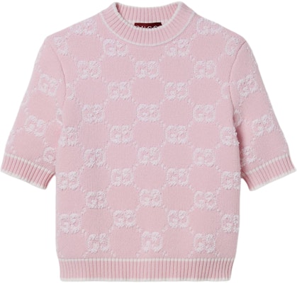 (Women) GUCCI GG Wool Jacquard Short-Sleeve Sweater Light Pink 770059-XKCNA-6011 Order (Women) GUCCI GG Wool Jacquard Short-Sleeve Sweater Light Pink 770059-XKCNA-6011
