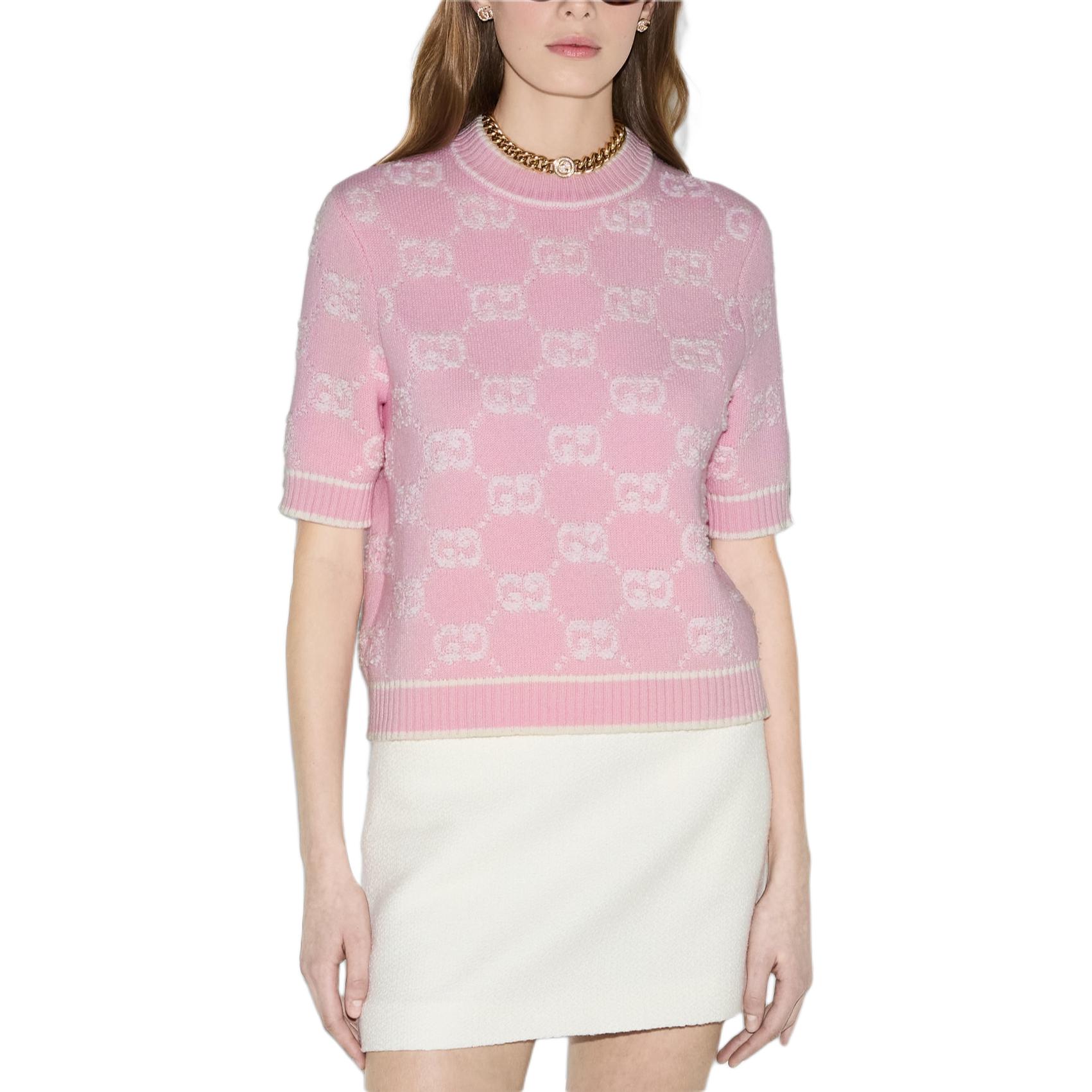 Lookbook (Women) GUCCI  GG Wool Jacquard Short-Sleeve Sweater Light Pink 770059-XKCNA-6011
