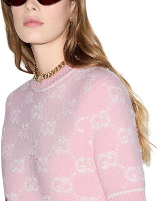 (Women) GUCCI GG Wool Jacquard Short-Sleeve Sweater Light Pink 770059-XKCNA-6011 Details for (Women) GUCCI GG Wool Jacquard Short-Sleeve Sweater Light Pink 770059-XKCNA-6011