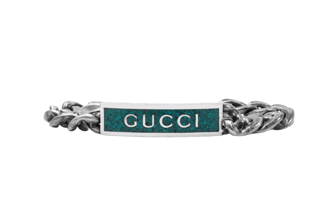 (Women) GUCCI  Green Enamel Silver Bracelet 925 Sterling Silver Vintage Style. 678712-J8410-8183